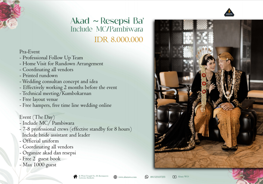 Foto vendor WO ABATA WO PRICELIST Paket AKAD - RESEPSI BA (INCLUDE MC/PAMBIWARA) 